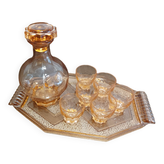 Ensemble apéritif plateau carafe et 6 verres - verre rose épais - art déco