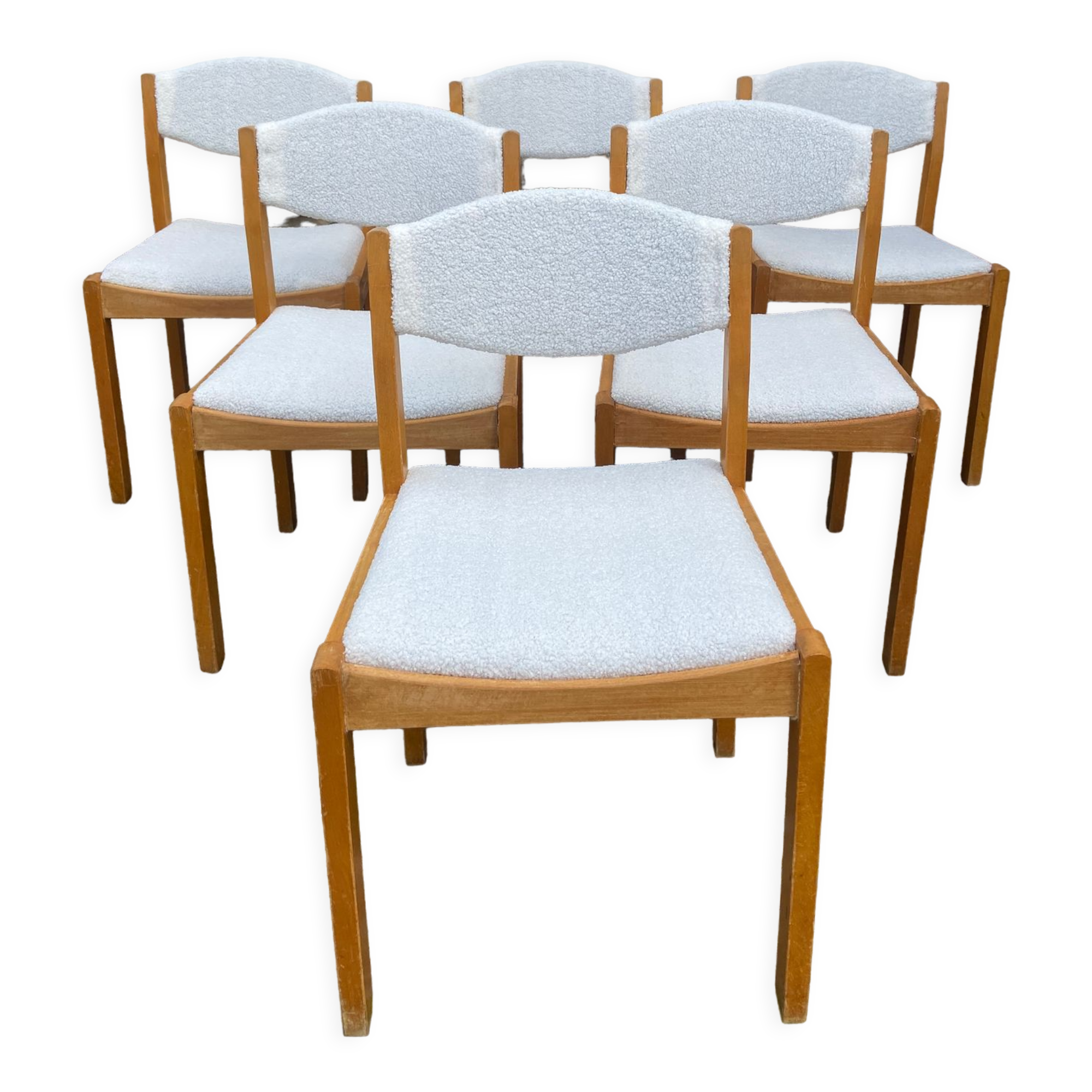 Six vintage 70s Baumann style chairs white buckle fabric