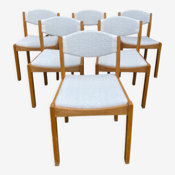 Six chaises vintage années 70 style Baumann tissu bouclette blanc