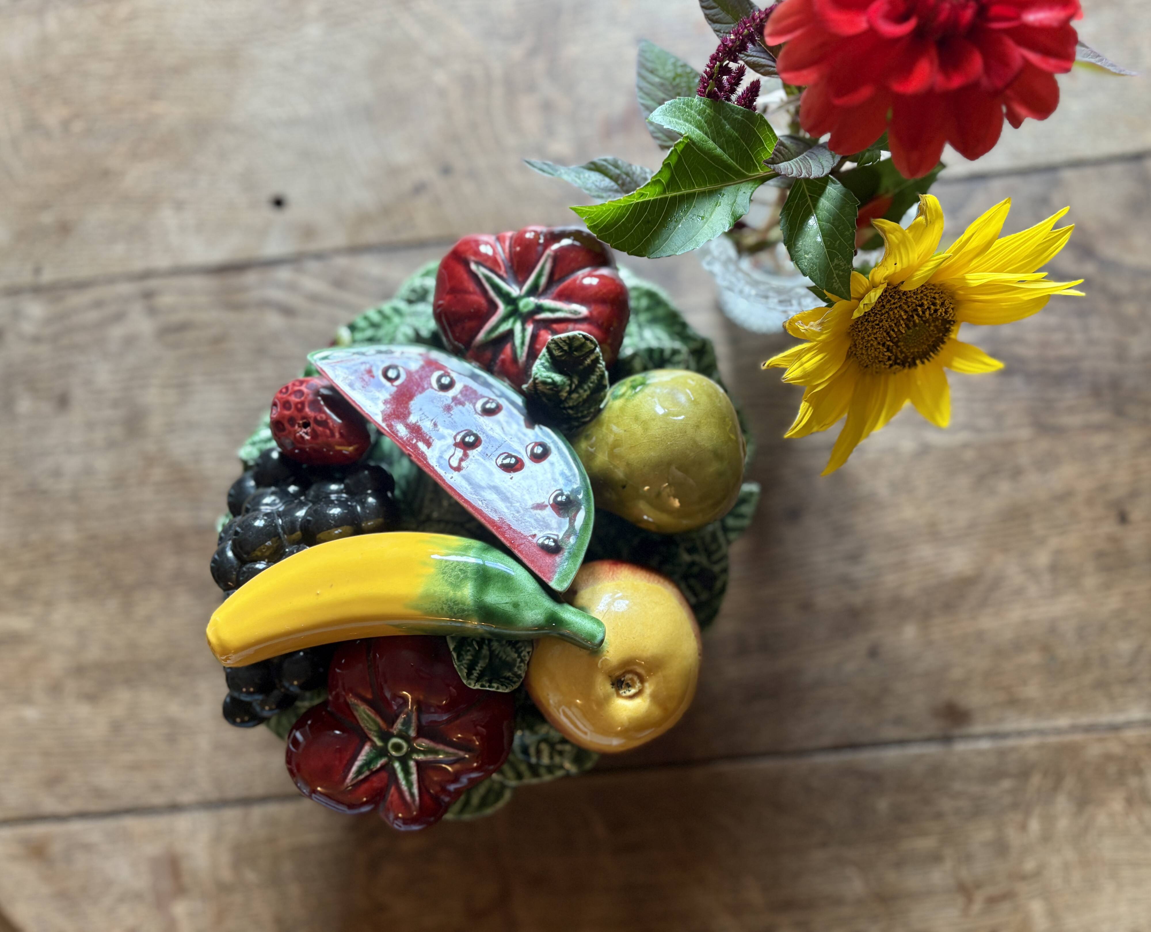 Vintage barbotine dish with fruit decorations