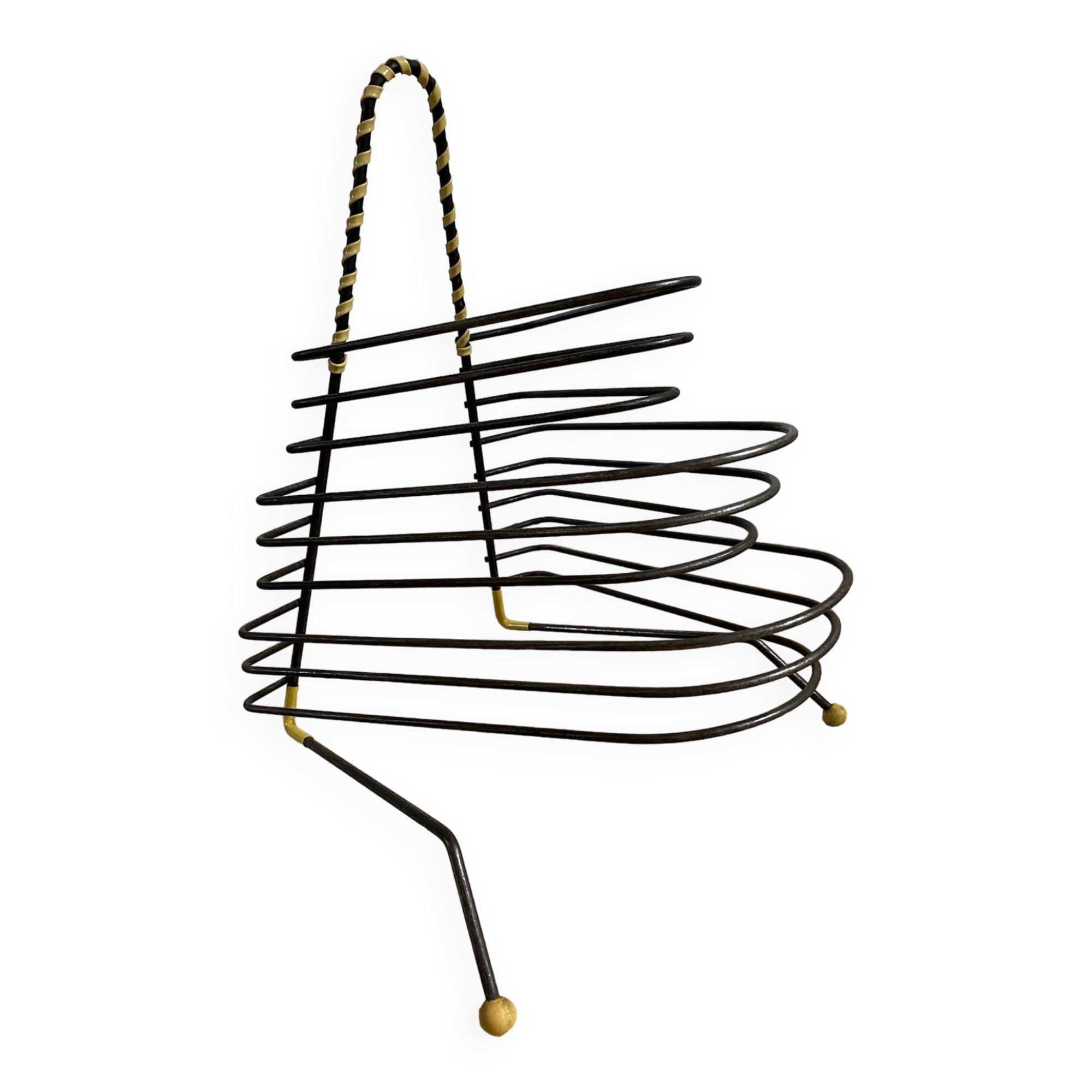 Black metal vinyl record holder and yellow scoubidou from the 60s