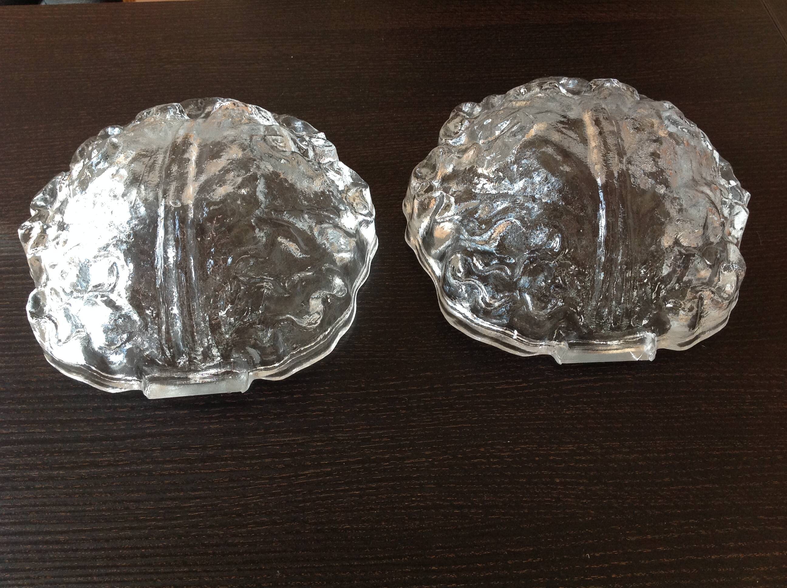 Pair of ice glass and brass wall lights by Limburg / vintage 60s-70s