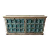 Natural low sideboard with 4 blue doors, unique piece, recovered from an Indian home