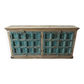 Natural low sideboard with 4 blue doors, unique piece, recovered from an Indian home