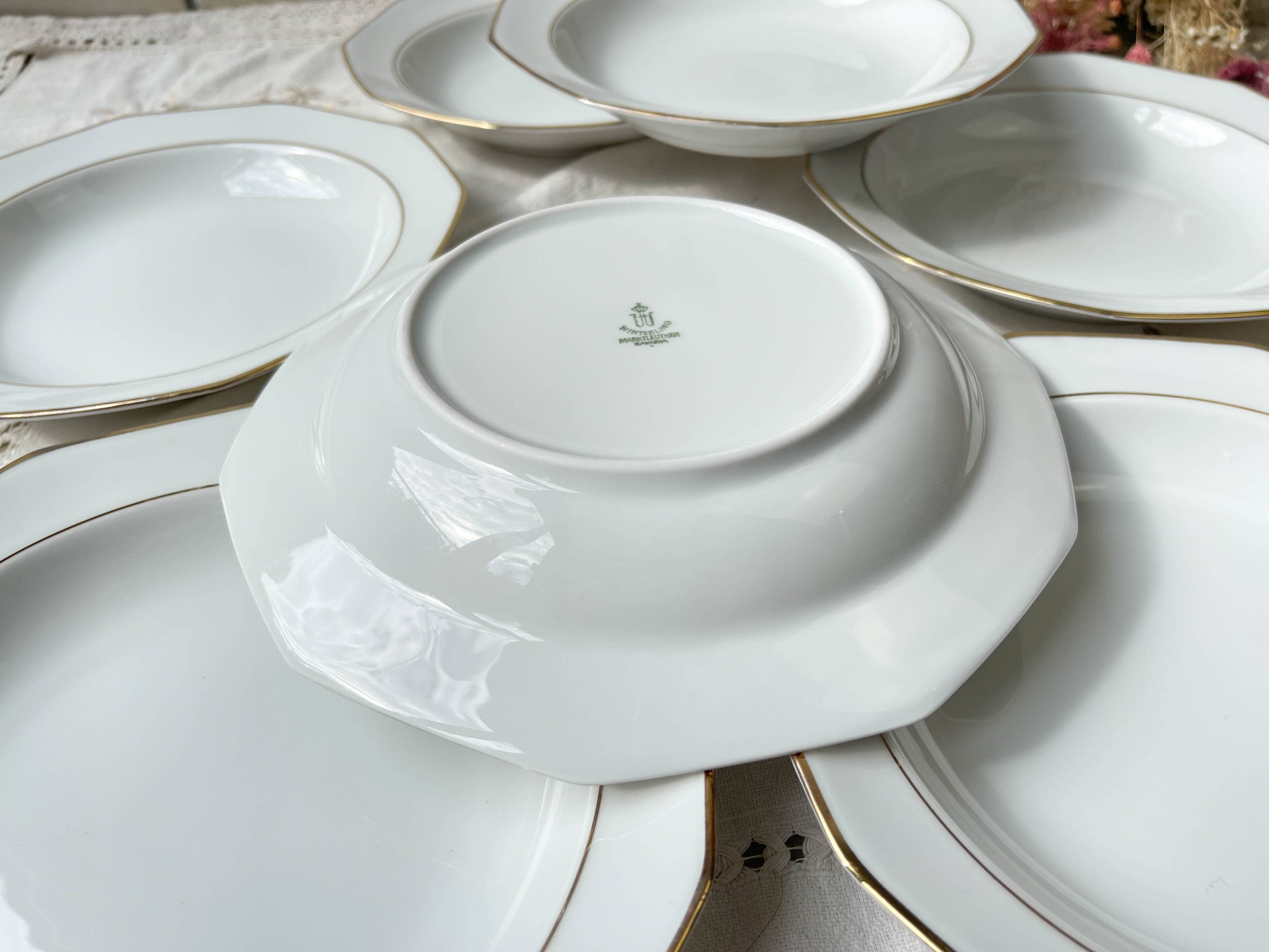7 Winterling Marktleuthen Bavaria porcelain soup plates in white and gold