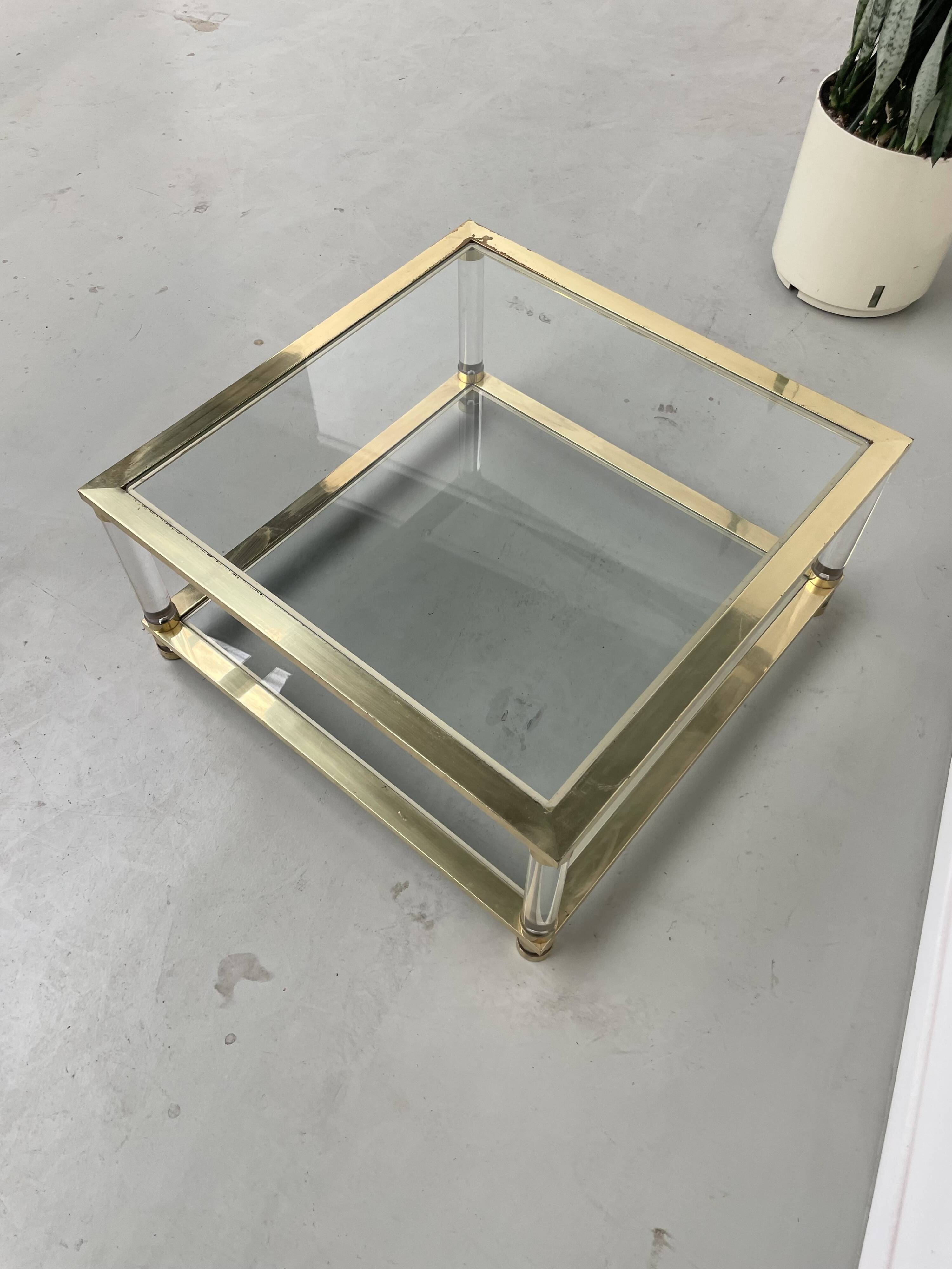 1970s lucite, brass and glass coffee table