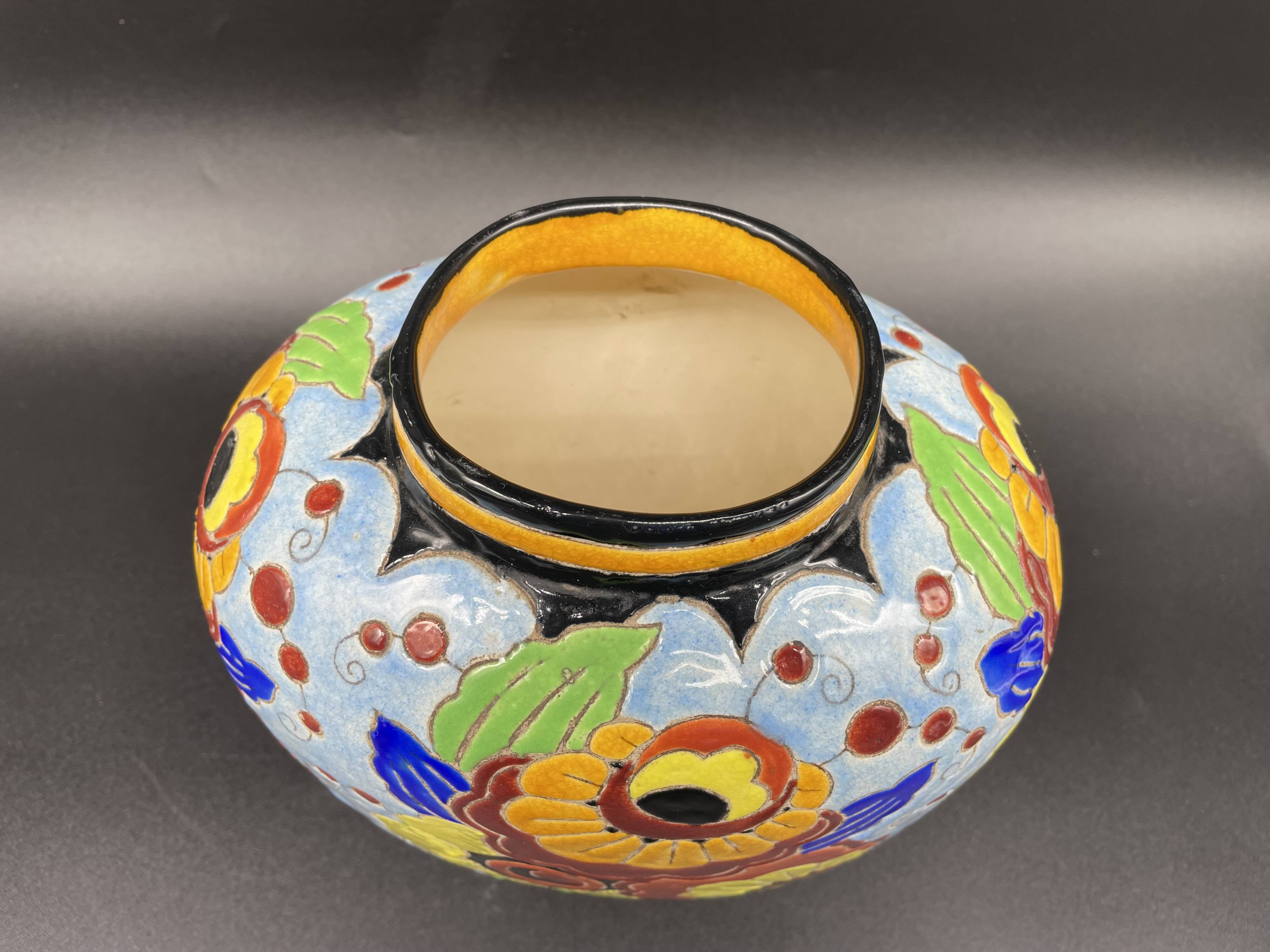 Ovoid vase, charles catteau, keramis, art deco period, fine earthenware, floral enamel decoration, vase col