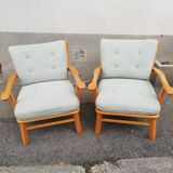 Pair of vintage pastel green fabric armchairs