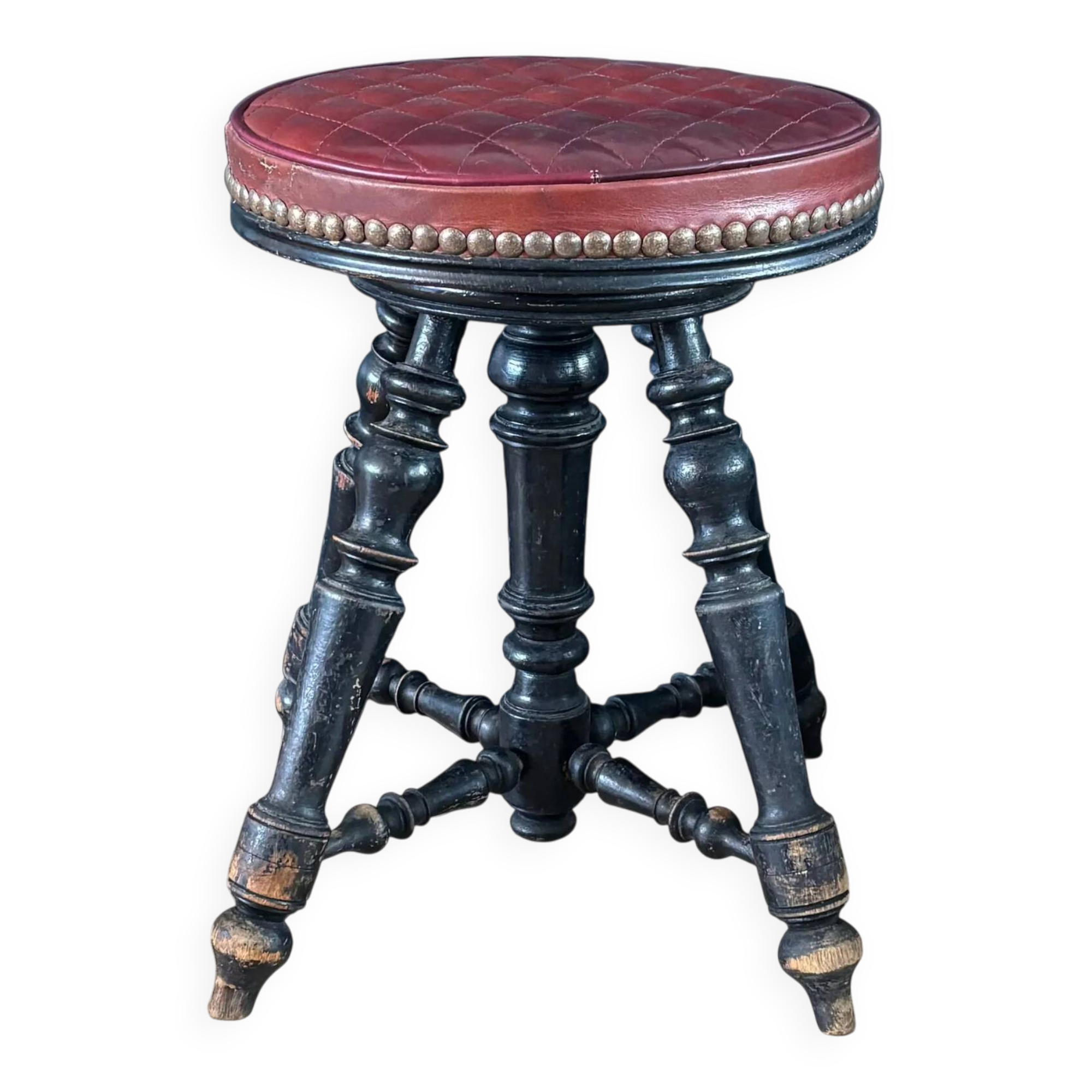 Tabouret de piano en cuir capitonnée et bois noirci