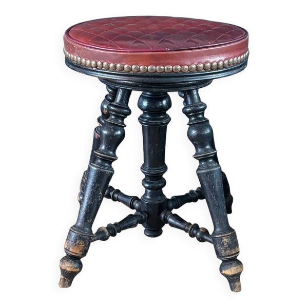 Tabouret de piano en cuir capitonnée et bois noirci