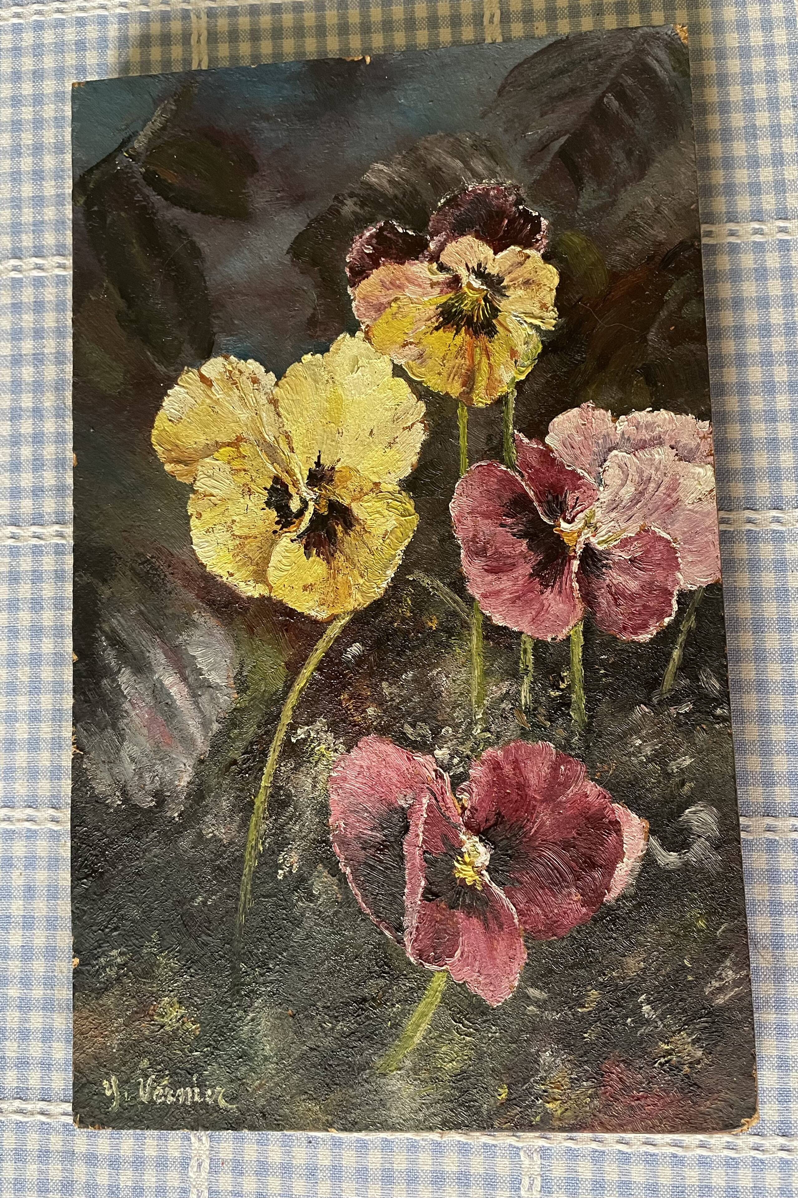 Oil on wood wild pansies 29x17
