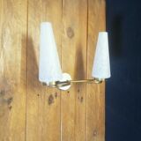 Double wall sconce in brass, porcelain and speckled glass 1950
