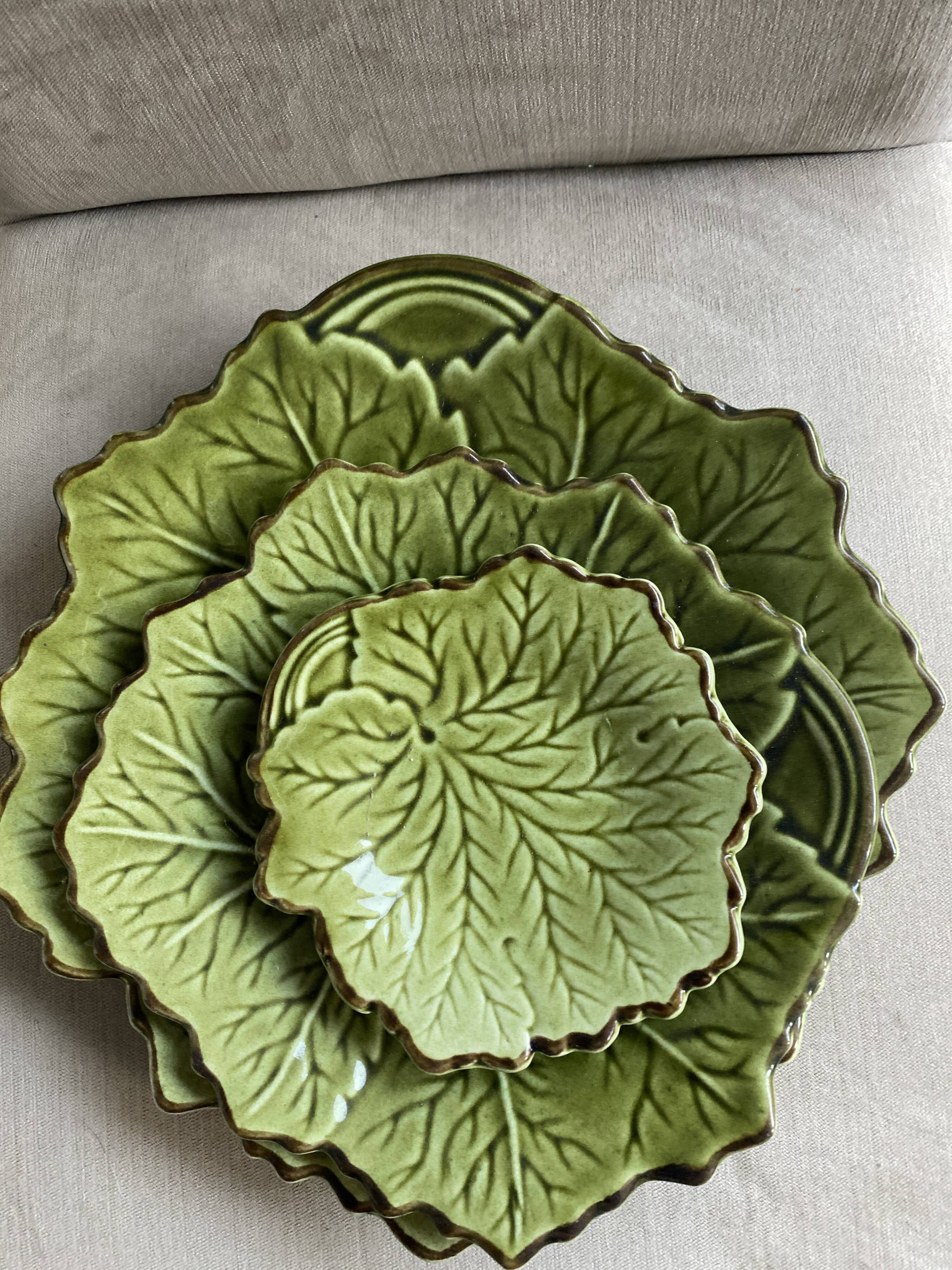 Lot of 3 flat Provencal earthenware Poet-Laval green leaves