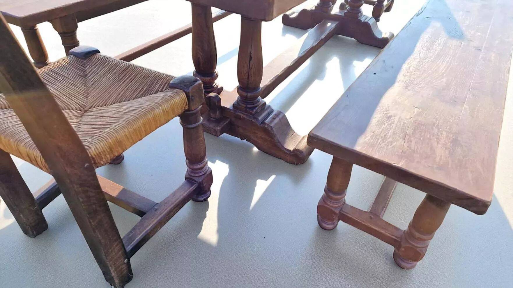 Old farmhouse dining table, 2 benches, 2 chairs
