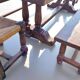 Old farmhouse dining table, 2 benches, 2 chairs