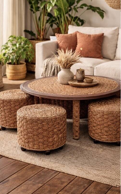 Coffee table and 4 stools in the style of Audoux & Minet.