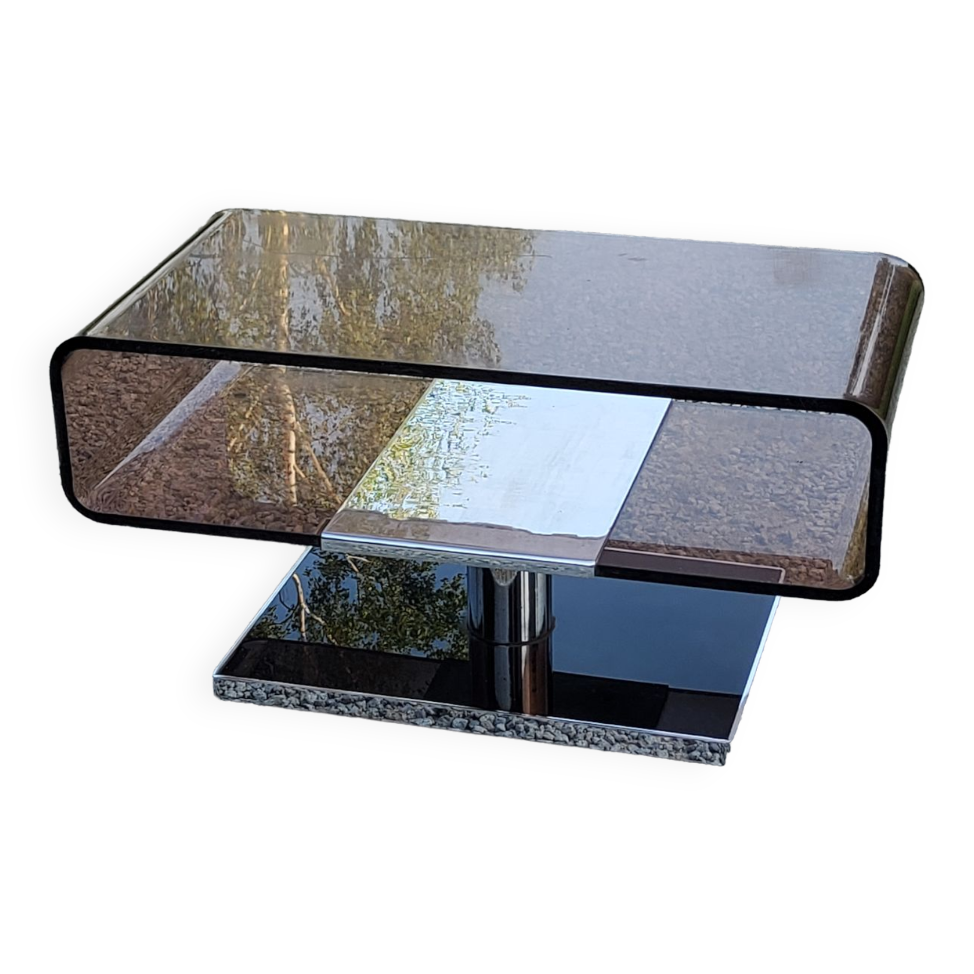 Coffee table from the 70s in chromed steel and smoked plexiglass double swivel trays