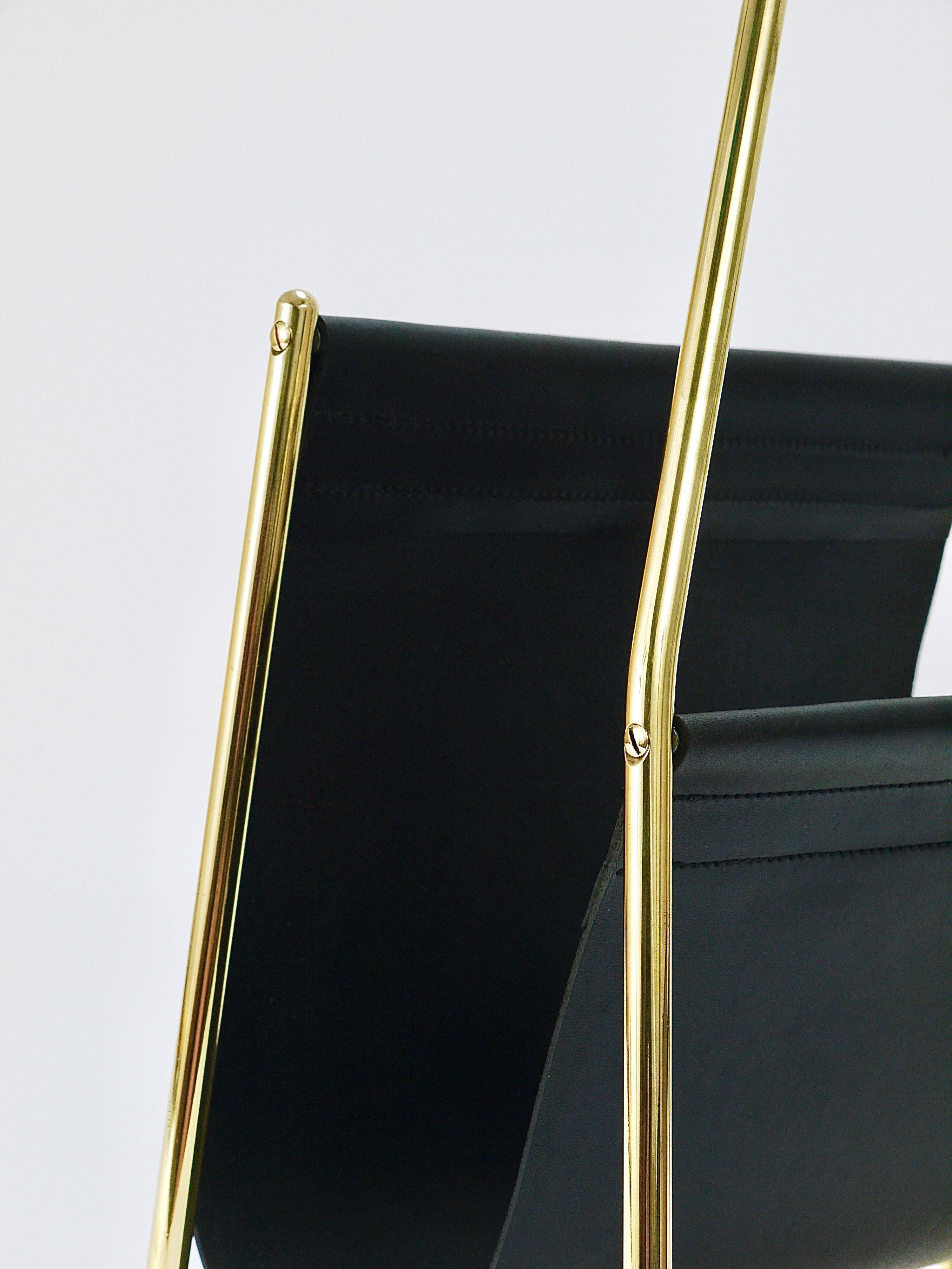 Carl Auböck II Midcentury magazine rack, brass and black leather, vintage, Austria