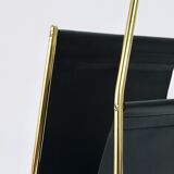Carl Auböck II Midcentury magazine rack, brass and black leather, vintage, Austria