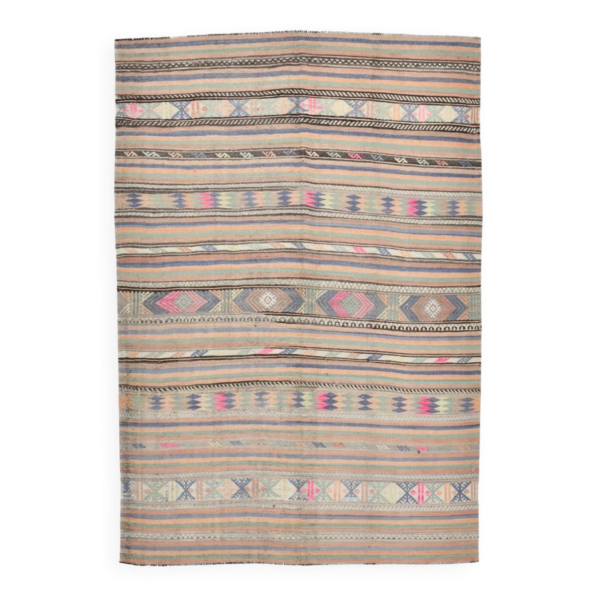 6x8 Green & Blue Striped Handmade Kilim Rug, 174x256Cm