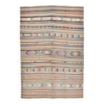 6x8 Green & Blue Striped Handmade Kilim Rug, 174x256Cm
