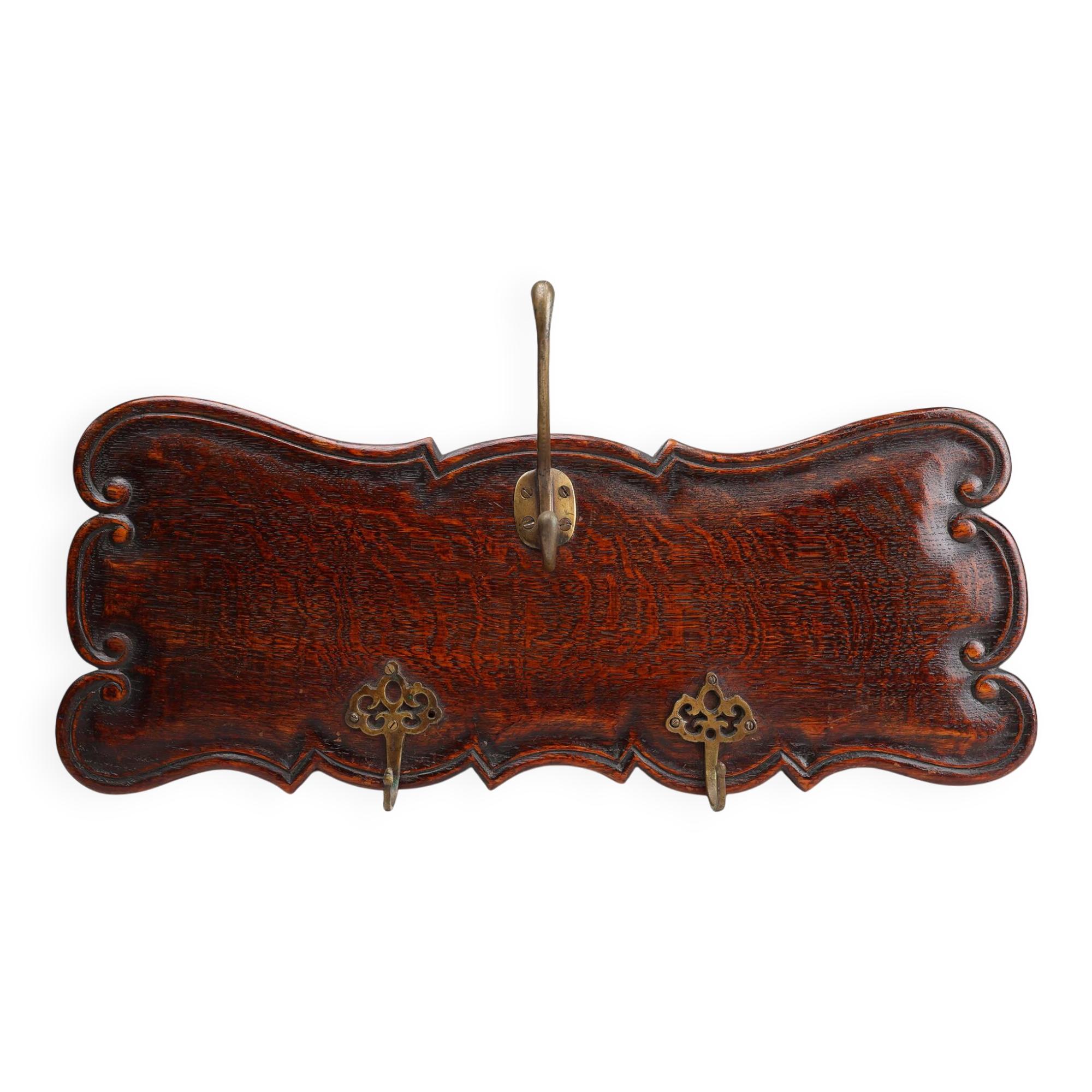 Art Nouveau style coat rack in oak with brass hooks, France ca. 1915