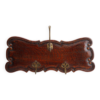 Art Nouveau style coat rack in oak with brass hooks, France ca. 1915
