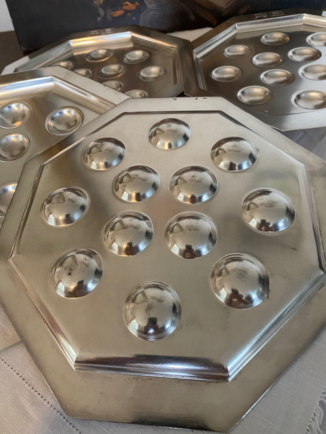 Vintage silver plated snail dishes, engraved silver serving trays.