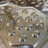 Vintage silver-plated snail dishes, engraved silver serving trays.