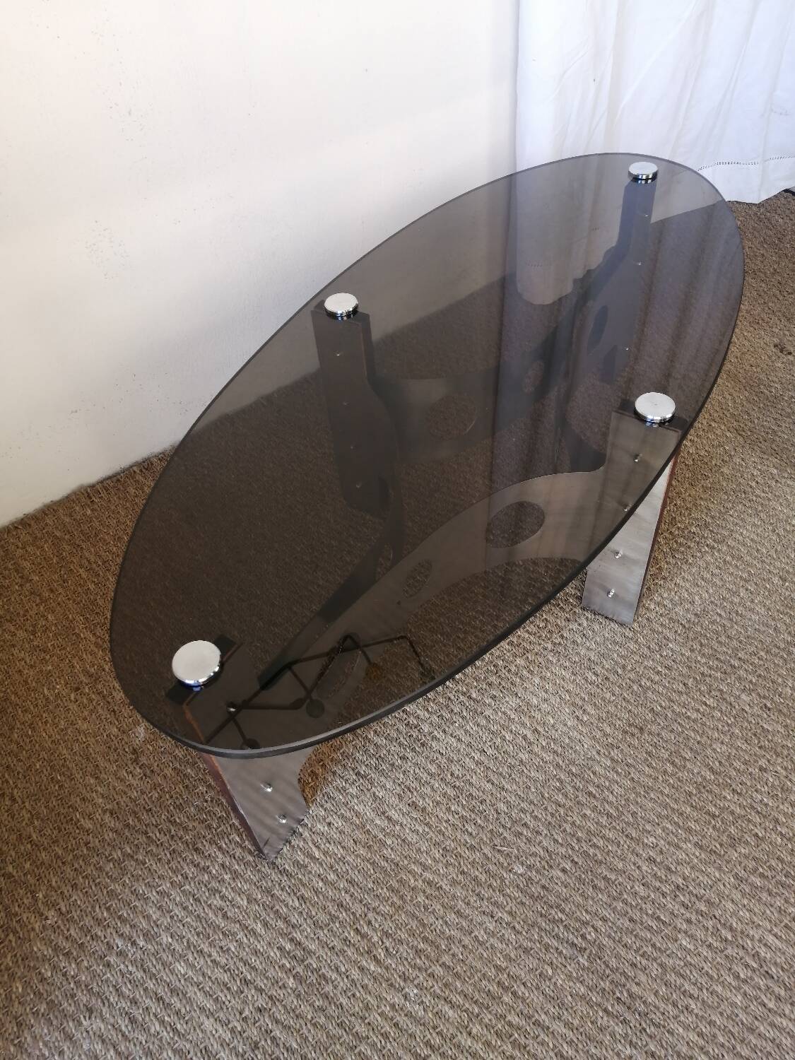 Vintage design coffee table in brushed aluminum and glass top.