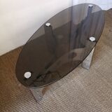 Vintage design coffee table in brushed aluminum and glass top.