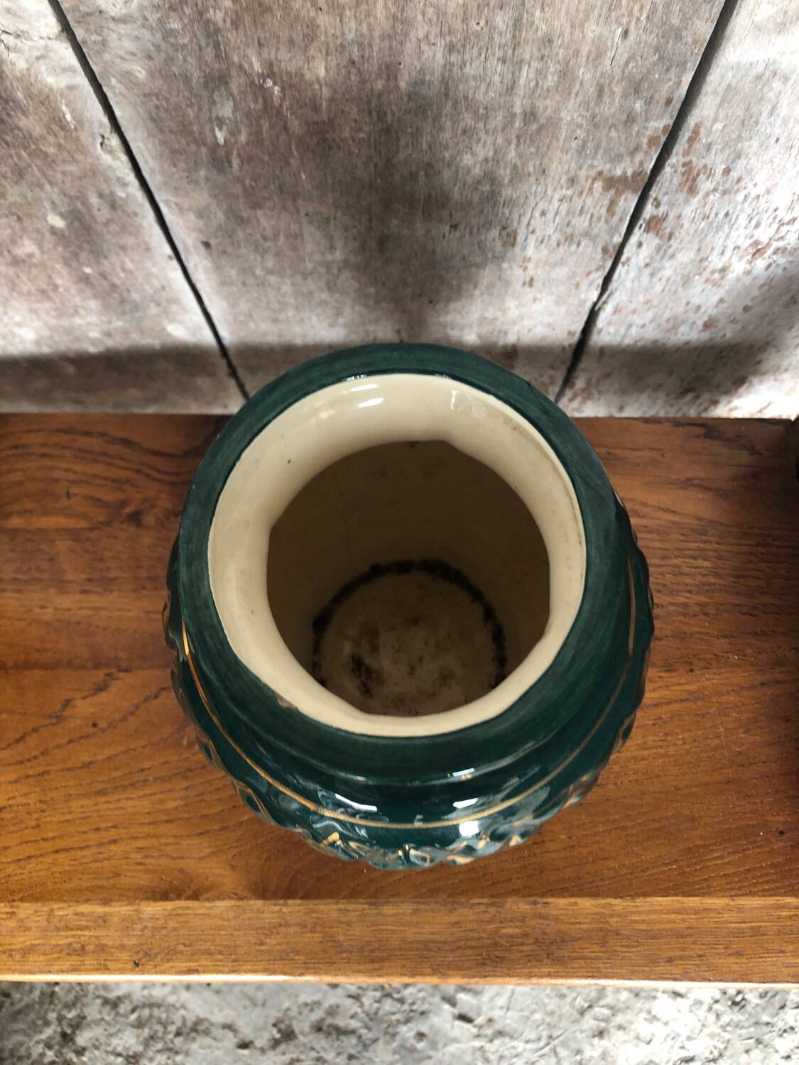 Old vallauris vase green ceramic & vintage gold decor #a798
