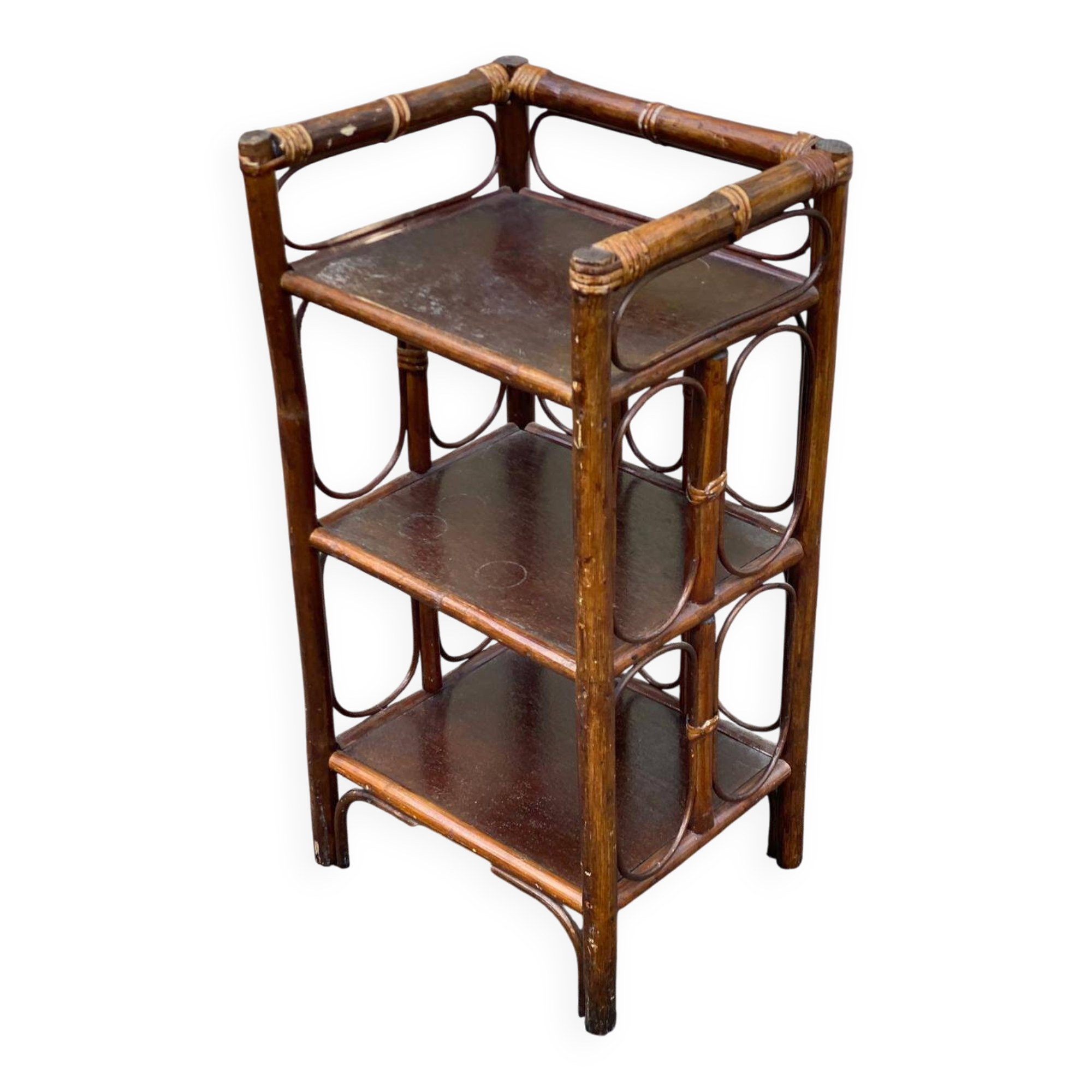 Vintage rattan and wicker shelf, 3 levels, 70cm