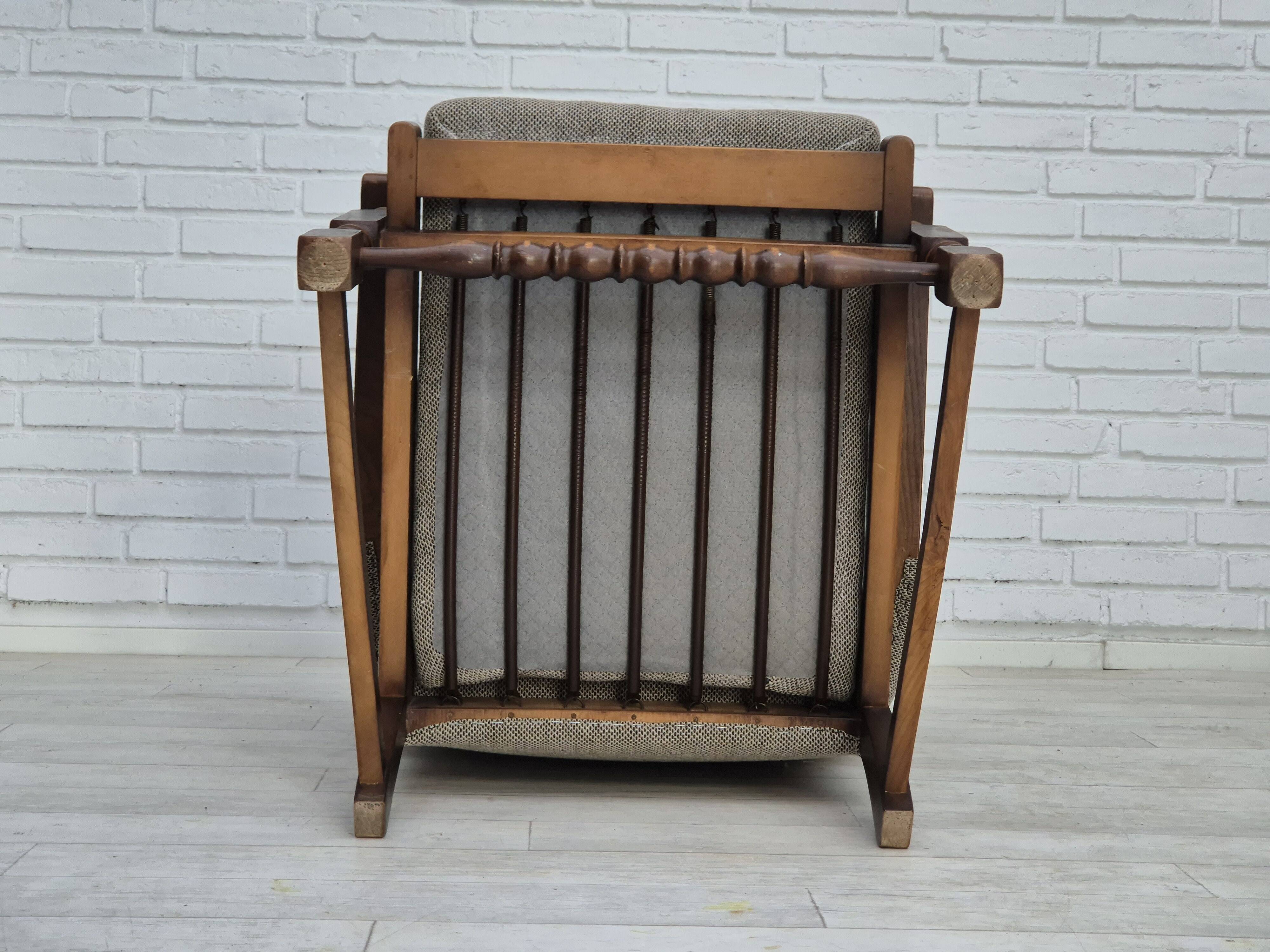 1960s, Scandinavian design, reupholstered high-back armchair, furniture wool, oak wood.