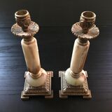 Pair of alabaster and brass candle holders
