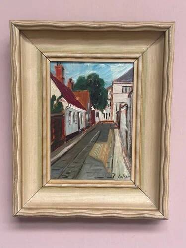 Mid-Century Oil on Panel “Street View” by J. Ioliv, Vintage & Framed 25×31cm
