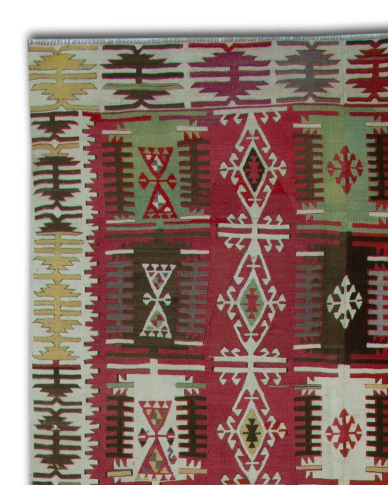 Turkish Kilim Runner 1890s, Handmade Wool Tribal Geometric Rug 390x163cm