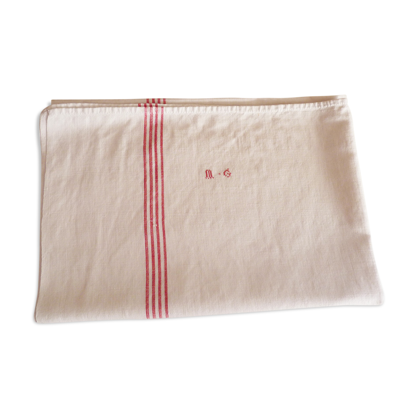 Old Lin towel, 4 red stripes, MG monogram, handmade
