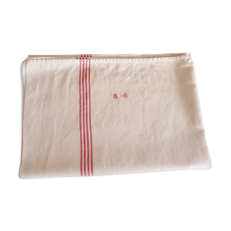 Old Lin towel, 4 red stripes, MG monogram, handmade