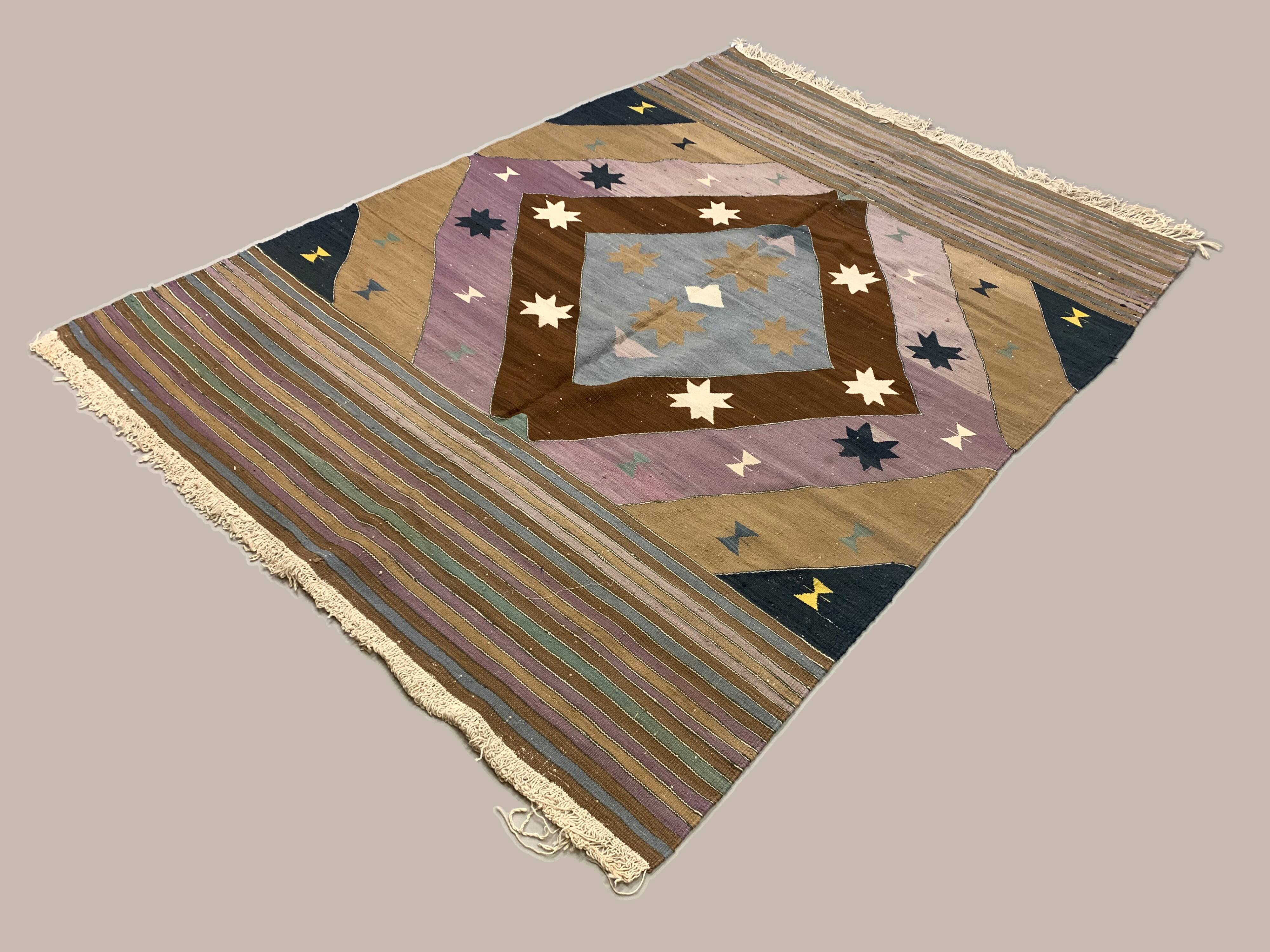 Vintage Turkish Kilim  242x174 cm Kelim Rug, Wool, Large Brown, Beige, Purple