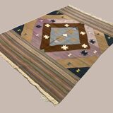 Vintage Turkish Kilim  242x174 cm Kelim Rug, Wool, Large Brown, Beige, Purple