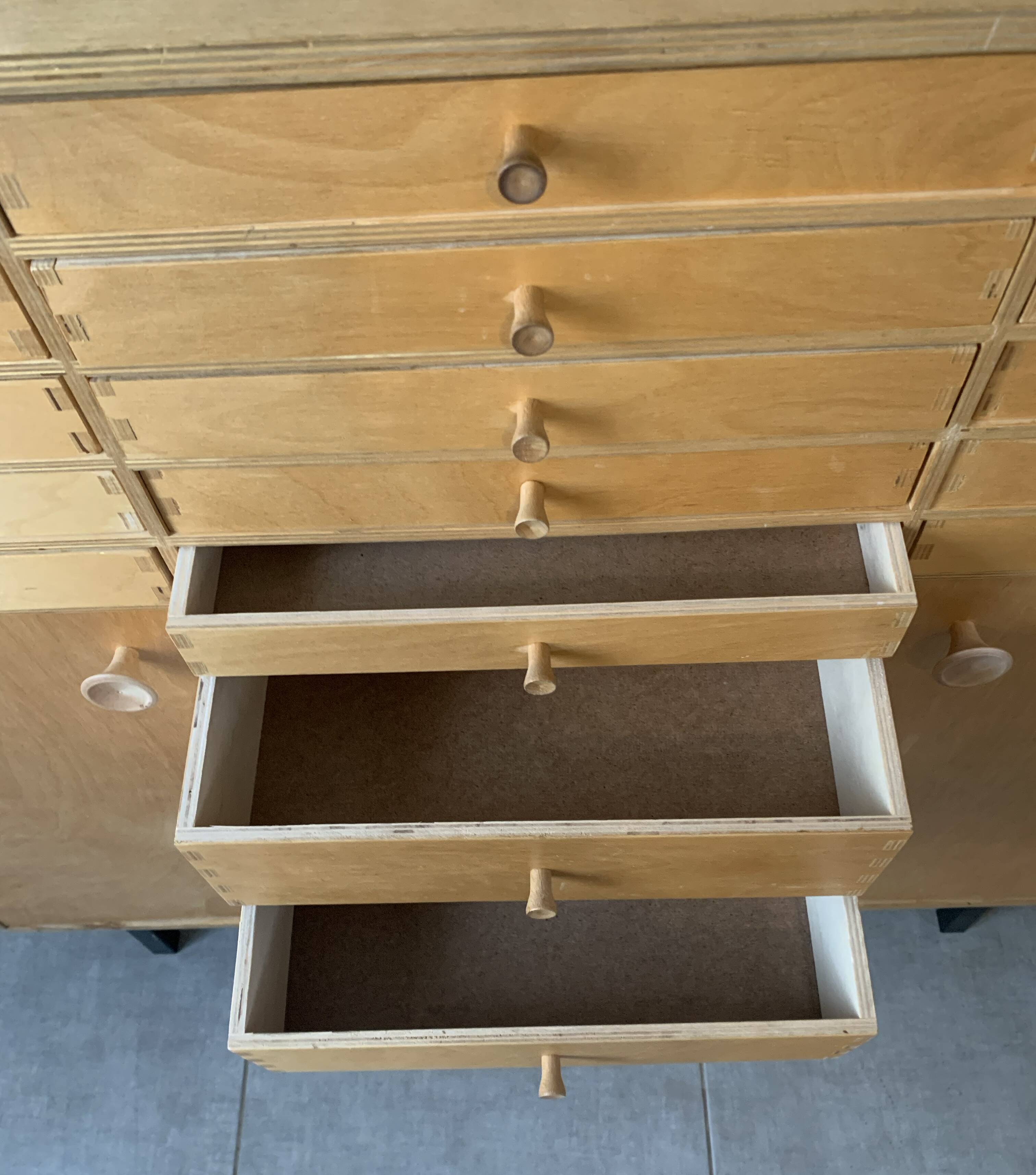 Vintage 20-drawer craft cabinet, 1960s in raw wood