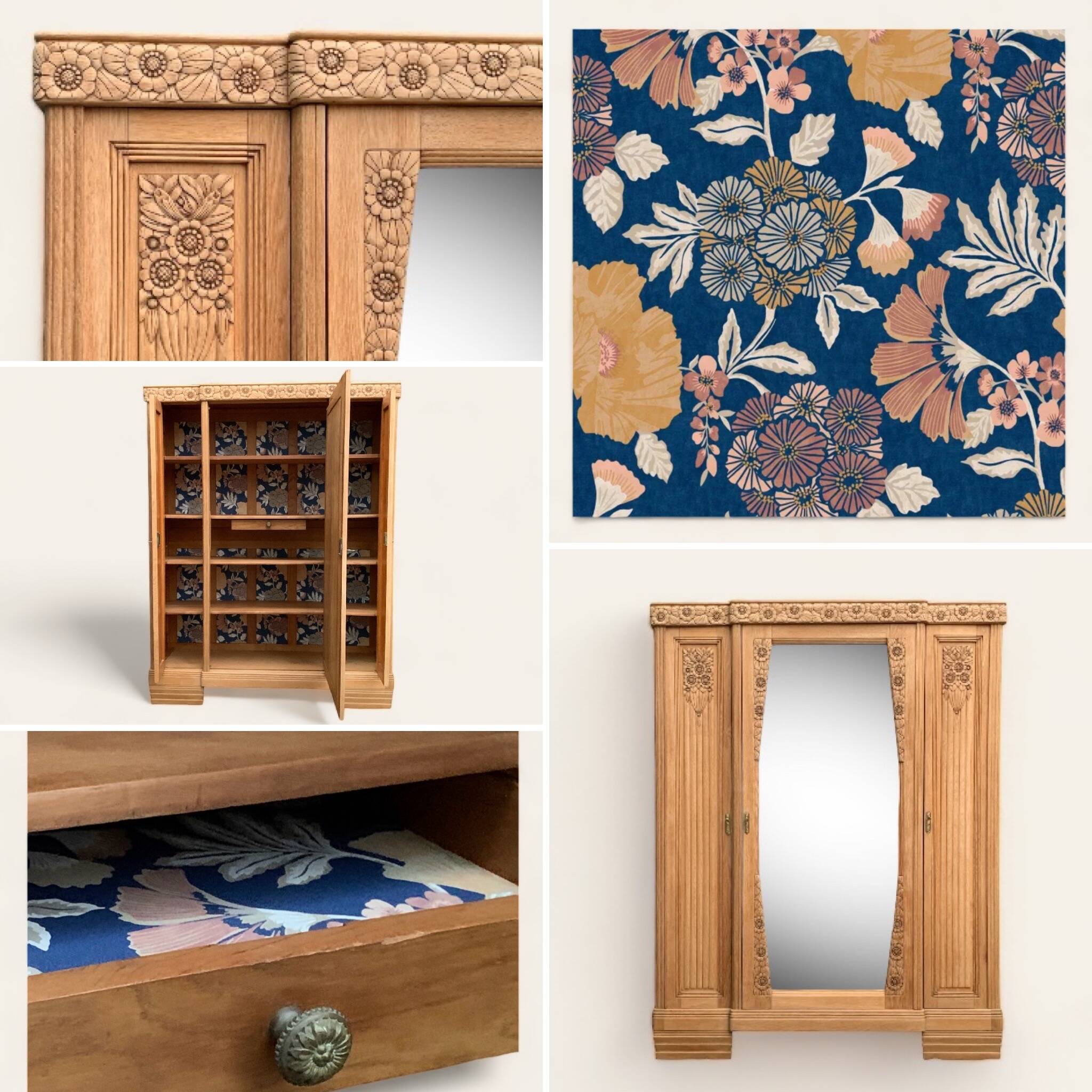 Parisian Art Deco style wardrobe in solid raw oak, 1950