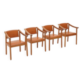 Wood and leather chairs, 1970s, set of 4