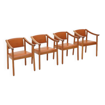 Chaises en bois et cuir, années 1970, lot de 4