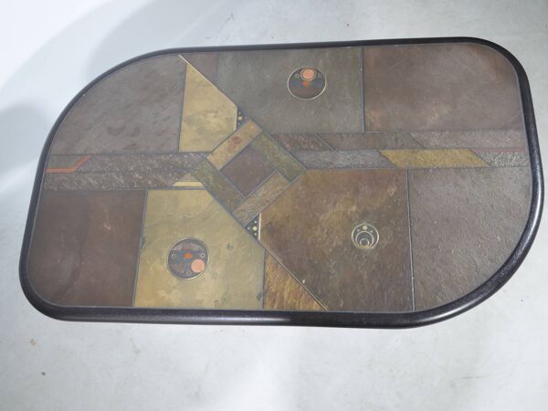 Table basse brutaliste en pierre, cuivre et laiton par Paul Kingma, années 70-80