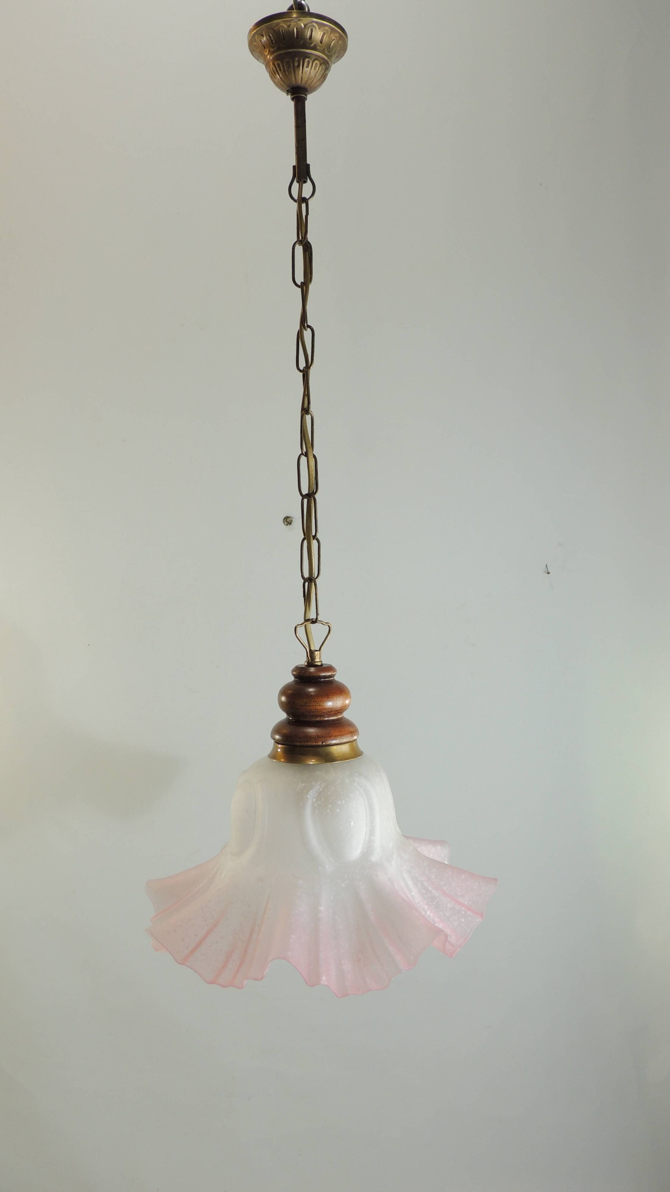 Vintage pink opaline glass pendant light – Art Deco tulip, brass and wood