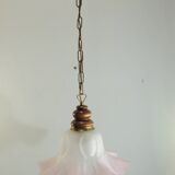 Vintage pink opaline glass pendant light – Art Deco tulip, brass and wood