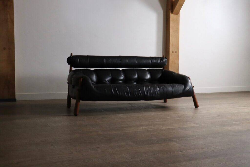 Percival Lafer MP-81 three seater sofa in black leather, Brazil 1970s