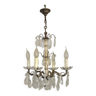 Lustre à 4 lumières en verre et cristal Art Nouveau français 5316